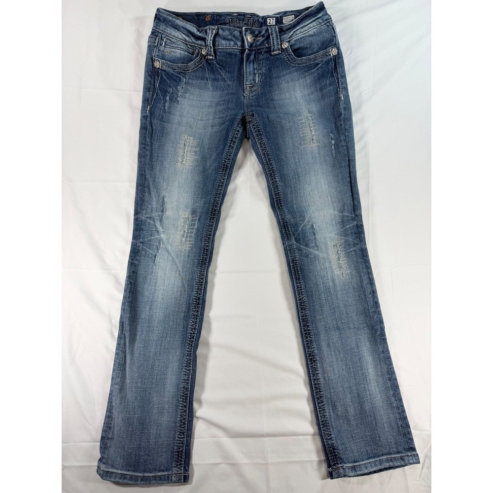 Miss Me Straight Leg Jeans 27X29 Rhinestone Distressed Fleur De Lis Buckle - Picture 4 of 12